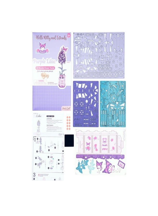 Hands Craft Lilac Hello Kitty and Friends Kuromi 3D Wooden Puzzle Kit | DIY Flower Model | Arts & Crafts for Adults & Kids | Creative Hobby Kits | Kuromi Character | Wood Building Set | Fun Gift - Image 5